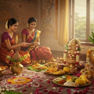 A warmly lit traditional Tamil home interior with kolam patterns made of rice flour illuminated by brass oil lamps (vilakku) in the foreground. A beautifully decorated puja altar displaying fresh mango leaves, banana leaves, and a traditional brass vessel (kumbham) adorned with coconut and mango leaves. An elegantly dressed Tamil family in rich silk attire - women in Kanchipuram sarees in deep maroon and peacock blue with gold borders, men in pristine white veshtis with gold borders. The scene includes a ceremonial feast (Puthandu virunthu) on banana leaves with colorful traditional dishes, fresh fruits, and flowers. Natural sunlight streams through window, creating a golden glow. The background features intricate Madhubani-style artwork depicting symbols of prosperity - sun, peacocks, mangoes, and traditional motifs in gold and saffron. Soft focus on delicate jasmine flowers and rose petals scattered around. The overall composition combines photorealistic details with ethereal lighting and decorative elements from traditional Indian art, creating a serene and festive atmosphere. Hyperrealistic digital art style with warm color palette emphasizing golds, deep reds, and emerald greens.