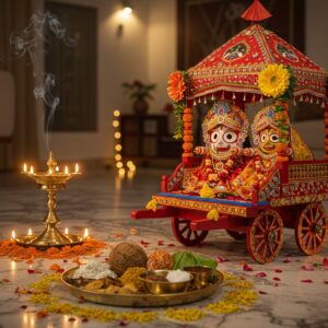 A majestic miniature wooden chariot decorated with vibrant red and gold silk fabrics, adorned with intricate traditional Indian patterns and flowers, positioned in a modern Indian home's prayer room. The chariot carries beautiful idols of Lord Jagannath (with large circular eyes and bright smile), Lord Balabhadra (with silver-white complexion), and Devi Subhadra (in yellow attire) adorned with fresh flower garlands and silk vestments. The room is illuminated by warm, glowing brass diyas and string lights, creating a magical atmosphere. In the foreground, a polished brass thali displays traditional Ratha Yatra prasad including khaja, poda pitha, and fresh coconuts. Scattered flower petals and rangoli patterns in yellow and red decorate the marble floor. The background shows contemporary furniture seamlessly blending with traditional elements, while incense smoke creates ethereal swirls in the air. The scene is rendered in a style mixing traditional Pattachitra art with modern digital techniques, using rich colors like deep reds, royal blues, and lustrous golds. The lighting is warm and divine, with subtle lens flares around the deities.