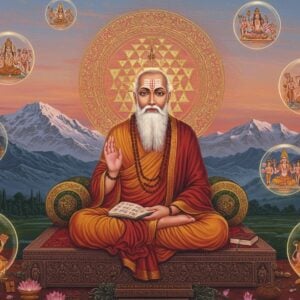 A majestic portrait of Abhinavagupta seated in padmasana on a carved stone platform, wearing traditional Kashmir Shaivite attire with a crimson shawl and tilak on forehead. His face radiates divine wisdom with serene expression and flowing white beard. His right hand holds a manuscript while his left hand forms the jnana mudra. Behind him, a large intricate Sri Yantra mandala glows in gold and deep red. The background features the snow-capped peaks of Kashmir valley at dawn with soft pink and orange sky. Floating spheres of light surround him containing miniature scenes of tantric rituals and Sanskrit texts. The scene is adorned with blooming lotus flowers, wisps of sacred smoke, and subtle spiritual symbols of Kashmir Shaivism. The art style combines hyperrealistic digital rendering with traditional Kashmiri miniature painting techniques, using rich colors like deep maroon, saffron, gold, and midnight blue. Multiple translucent layers of geometric patterns and mandalas create depth and mystical atmosphere.