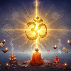 A serene cosmic scene featuring the symbolic representation of Brahman through a massive, intricate golden Om symbol radiating divine light at the center. The Om transforms into flowing streams of energy that form multiple mandalas and sacred geometric patterns. In the foreground, a meditating Indian sage in saffron robes sits in padmasana on a lotus platform, surrounded by floating Vedic scriptures and sacred threads. The background shows a metaphysical realm with multiple layers of reality - from the physical world at the bottom transitioning upward into increasingly subtle realms, depicted through gradient shifts from deep indigo to ethereal gold. Sacred elements like fire (agni), water, earth, and air are represented through stylized Madhubani-inspired motifs. Glowing diyas, incense smoke, and floating lotus petals add depth. The lighting is otherworldly with soft golden rays emerging from the Om symbol, creating a mystical atmosphere. Multiple translucent layers of mandalas overlap in the background, suggesting infinite consciousness. The art style combines traditional Indian iconography with modern digital art techniques, emphasizing both spirituality and cosmic grandeur.
