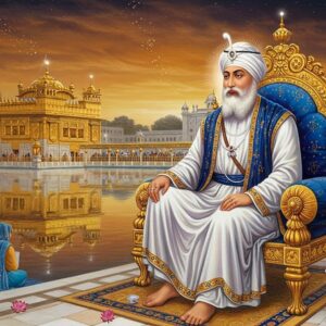A serene portrait of Guru Ram Das Ji seated on an ornate golden throne, wearing pristine white robes with intricate blue and gold embroidery, his face radiating divine peace and compassion. He has a long flowing white beard, and wears a tall white turban with a decorative kalgi. The background features the Golden Temple illuminated at dawn, its reflection perfect in the sacred sarovar. Devotees in colorful traditional Punjabi attire perform seva around the temple. Ethereal rays of golden light pierce through morning mist, creating a mystical atmosphere. The scene is framed by detailed Gurmukhi architectural elements and floating lotus flowers. Delicate patterns of khanda symbols and geometric designs float in the air. The art style combines photorealistic details with spiritual luminescence, rendered in rich colors of gold, saffron, deep blue, and pearl white. Multiple layers of soft light create a dimensional, heavenly quality. The overall composition emphasizes the divine presence and eternal teachings of the Guru.