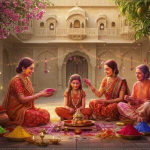 A vibrant scene of three Indian families celebrating Holi in a traditional courtyard with intricate Rajasthani architecture, featuring detailed marble jharokhas and carved pillars. The central focus shows a mother applying natural gulal to her daughter's cheeks while grandmother performs a small puja near a decorated bronze thali. In the background, blooming spring flowers and mango trees frame the scene. Traditional earthen pots filled with organic colors (deep saffron, royal blue, emerald green, and crimson) are arranged artistically. Floating flower petals and color powder create a dreamy atmosphere. The lighting is warm and golden, with rays filtering through color clouds. Small details include brass diyas, traditional Rajasthani textiles with mirror work, and detailed rangoli patterns. The art style combines hyperrealistic digital rendering with traditional Madhubani patterns in the borders. The overall mood is joyful yet spiritual, with soft glowing aura and ethereal elements like floating mandalas and sacred geometric patterns in the background.