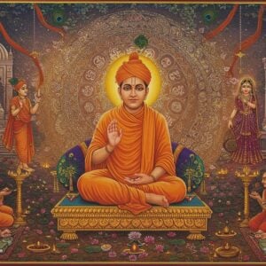 A serene ethereal scene depicting Nimbarkacharya in traditional saffron robes seated in padmasana on an ornate golden lotus platform, radiating divine light. Behind him, a large intricate mandala combining the symbols of Radha-Krishna as dual deities. The acharya's face shows deep wisdom and tranquility, with his right hand in chin mudra and left hand holding sacred texts. Around him float stylized lotuses in soft pastels, with Krishna's flute and Radha's vina creating a circular pattern. The background features the sacred tulsi plant and temple spires in Madhubani art style. Delicate golden patterns of Sanskrit verses flow like ribbons through the air. The lighting is warm and mystical, with soft halos and scattered light beams in peacock blue and saffron. The scene includes small vignettes of devotees performing traditional rituals with flowers and lamps in a contemporary minimalist style. Art style merges traditional Indian miniature painting with modern digital aesthetics, using rich colors like deep maroon, gold, and azure blue.