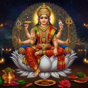 A majestic portrayal of Goddess Parvati seated on a silver lotus throne against a cosmic background with swirling golden mandalas. She has four arms - her upper right hand holds a blue lotus, upper left holds a mirror, lower right in abhaya mudra, and lower left in varada mudra. She wears a rich crimson silk saree with gold zari work, adorned with elaborate gold jewelry including a crown studded with precious gems. Her serene face radiates divine beauty with almond-shaped eyes and a gentle smile. Around her, floating diyas and incense smoke create an ethereal atmosphere. The background features intricate Madhubani-style patterns in deep peacock blue and gold. The scene is illuminated by a soft, divine glow emanating from behind her form. In the foreground, traditional puja items are artistically arranged - copper kalash with mango leaves, red hibiscus flowers, and sandalwood paste. The overall composition combines traditional Indian art elements with modern digital aesthetics, creating a harmonious blend of ancient and contemporary spiritual art.