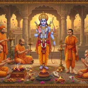 A majestic temple courtyard during sunrise, where Lord Rama stands centrally in divine posture with four arms - holding bow in upper right hand, arrow in upper left, lotus in lower right, and conch in lower left, wearing bright saffron dhoti and crown adorned with precious gems. Around him, Ramanandi sadhus in saffron robes perform elaborate rituals with brass lamps and flower garlands. The scene features intricate Madhubani-style border patterns with peacocks and lotus motifs in gold and deep maroon. Hanuman devotedly stands to Rama's right with folded hands. The background shows a grand temple architecture with detailed carved pillars and arches in traditional North Indian style. Soft morning light creates a golden glow, while floating flower petals and wisps of sacred smoke from yagna add ethereal atmosphere. The color palette focuses on saffron, gold, peacock blue with highlights of pink lotus flowers. The artwork seamlessly blends traditional Pattachitra art style with modern digital rendering, creating a surreal yet authentic spiritual ambiance.