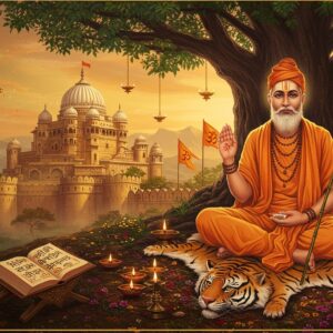 A majestic portrait of Samarth Ramdas in meditation pose, wearing saffron dhoti and angavastra, seated on a tiger skin under a sacred banyan tree. His right hand holds his signature bamboo staff (danda) while his left hand rests in dhyana mudra. His face radiates divine peace with tilak on forehead. Behind him rises the Sajjangad fort in golden morning light, with intricate Madhubani-style patterns decorating the fort walls. Flying saffron flags with Om symbols adorn the fort. The foreground features his sacred text Dasbodh lying open on a decorative brass stand, illuminated by floating diyas. Ethereal golden light bathes the scene, with delicate mandalas floating in the background. The art style combines hyperrealistic digital rendering with traditional Pattachitra elements, using a rich color palette of saffron, deep maroon, and gold. Subtle Ram-naam inscriptions appear as celestial patterns in the sky. The overall composition creates a serene, spiritual atmosphere with soft glowing effects and mystical elements.