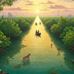 A mystical aerial view of the Sundarbans mangrove forest during golden hour, with intricate Madhubani-style patterns woven into the waterways. Royal Bengal tiger gracefully walking through shallow waters, its reflection creating ripples in the golden water. Dense mangrove roots emerge from turquoise waters in intricate patterns, hosting vibrant wildlife - red crabs scuttling along roots, spotted deer drinking at the water's edge, and endangered Irrawaddy dolphins breaching in the distance. Sundarban's signature honey collectors in traditional Bengali attire carefully harvesting wild honey from beehives. The sky features soft pastel pinks and oranges with delicate mandala patterns in the clouds. Traditional Bengali boats with colorful sails glide through the narrow channels. The scene is rendered in a harmonious blend of photorealistic detail and ethereal Indian art styles, with rich emerald greens, deep turquoise waters, and warm golden light filtering through the canopy. Egrets and kingfishers perch on branches while estuarine crocodiles bask subtly on mudbanks.