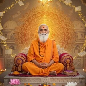 A serene portrait of Swami Dayananda Saraswati seated in padmasana on an intricately carved marble platform, wearing saffron robes with detailed Madhubani-style border patterns. His face radiates divine wisdom with a gentle smile, long white beard, and peaceful expression. Behind him, a large ornate mandala in gold and deep orange glows ethereally, merging traditional Indian patterns with modern sacred geometry. Floating Vedic scriptures with gilded edges spiral around him, transforming into streams of golden light. The background features a stylized Arya Samaj temple architecture with contemporary minimalist lines. Sacred fire (agni) burns in brass vessels on either side, casting warm light. Lotus flowers in pastel pink and white float in the foreground, their petals occasionally dissolving into sparkles of divine light. The overall scene is rendered in a blend of realistic digital art with traditional Indian miniature painting style, using a color palette of saffron, gold, cream, and subtle blues. Soft rays of morning sunlight filter through, creating a mystical atmosphere, while subtle symbols of Vedic wisdom like the om symbol and the sun motif are tastefully integrated into the mandala design.