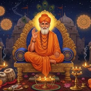 A serene night scene featuring Swami Samarth seated in padmasana on an ornate golden throne, wearing saffron robes with a peacock feather crown, his right hand raised in blessing mudra. His face radiates divine light with a gentle smile, long white beard, and penetrating eyes. Around him, intricate Madhubani-style mandalas float in air, emanating soft golden light. In the foreground, devotees perform aarti with brass lamps creating beautiful light patterns. Traditional musical instruments like tabla, harmonium, and bells are arranged artistically. The background features the Akkalkot temple architecture with detailed Indian patterns. Floating lotus flowers and peacock feathers surround the scene. The color palette includes deep saffron, royal blue, burnished gold, and subtle earth tones. Swirling patterns of incense smoke create ethereal shapes. The overall composition has a mystical, surreal quality with glowing halos and floating sacred symbols. Art style combines traditional Indian miniature painting techniques with modern digital fantasy art aesthetics.