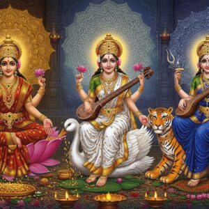 A divine ethereal scene showcasing the Tridevi in perfect harmony - Goddess Lakshmi seated on a blooming pink lotus wearing rich red and gold silk saree, four arms holding lotus flowers and showering gold coins; Goddess Saraswati in pure white silk robes seated on a white swan with her veena, four arms holding scriptures and mala; Goddess Parvati in royal blue and gold attire seated on a tiger with trishul and damaru. All three goddesses have radiant golden auras, ornate gold crown-like mukuts adorned with gems, and traditional Indian jewelry. Behind them, three distinct mandalas in their signature colors (gold for Lakshmi, white for Saraswati, deep blue for Parvati) float and overlap creating a mesmerizing sacred geometry pattern. The background features a mystical temple architecture with floating diyas, scattered flower petals, and swirling incense smoke. The scene is illuminated by soft, divine light creating a dreamlike atmosphere. Art style combines traditional Madhubani patterns with modern digital art techniques, emphasizing intricate details and rich textures. The composition should feel balanced, serene, and powerful.