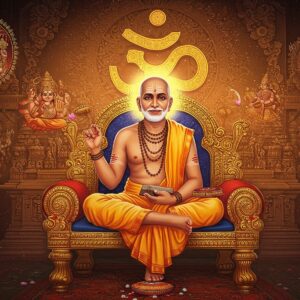 A majestic portrait of Vedanta Desika seated in padmasana on an ornate golden throne, wearing traditional white dhoti and angavastram with sacred thread. He holds ancient palm leaf manuscripts in his right hand and shows chinmudra with his left. Behind him, a large, intricately detailed Sri Vaishnava Thiruman (namam) symbol glows in ethereal golden light. The background features a seamless blend of Dravidian temple architecture with floating geometric mandalas. Multiple semi-transparent layers show scenes from his works - Hayagriva, Lakshmi, and philosophical concepts represented through sacred symbols. The scene is illuminated by warm, divine light creating a gradient from deep maroon to saffron. Decorative elements include floating lotus flowers, Sanskrit verses transforming into light particles, and peacock feathers. His face radiates wisdom and serenity, with traditional Indian features and a gentle smile. The art style combines traditional Tanjore painting techniques with modern digital art, featuring rich metallics, deep colors, and subtle light effects. The composition maintains symmetry while incorporating flowing, dynamic elements.