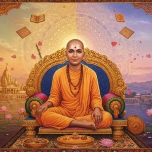 A majestic portrait of Bhaktisiddhanta Sarasvati Thakura sitting in a lotus position on an ornate golden throne, wearing pristine white dhoti and chadar, with sacred tulasi mala around his neck. His face radiates divine wisdom with a serene expression, tilak marking clearly visible. Behind him, a large ethereal mandala glows in soft golden light, merging traditional Madhubani patterns with modern sacred geometry. On either side, towering stacks of ancient Sanskrit texts and his printed works float weightlessly. The scene is split diagonally - one half showing dawn with rising sun symbolizing appearance, the other half showing dusk with setting sun representing disappearance. Floating lotus petals and subtle light orbs surround him. The color palette combines deep maroons, saffron, and gold with modern pastel blues and purples. The background features the silhouette of the Mayapur temple complex in a minimalist style. Intricate Pattachitra-style border frames the entire composition with motifs of books, lotus flowers, and spiritual symbols. Digital art style with photorealistic details and subtle gradient lighting, creating a mystical atmosphere. The overall composition balances traditional spiritual iconography with contemporary digital art techniques.