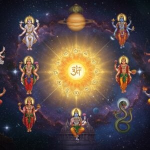 A grand cosmic scene showing nine Hindu deities representing the Navagrahas arranged in a circular formation against a deep space background filled with swirling galaxies and nebulae. Lord Surya (Sun) at the center, radiating golden light, wearing ruby-studded crown and holding lotus flowers in both hands. Around him, clockwise: Lord Chandra (Moon) in pearl-white robes with a water vessel, Mars (Mangal) in blood-red armor holding a golden mace, Mercury (Buddha) in emerald green holding a sword and shield, Jupiter (Brihaspati) in saffron robes holding sacred texts, Venus (Shukra) in white holding a water vessel, Saturn (Shani) in dark blue with a bow and arrow, Rahu's dragon head emerging from cosmic shadows, and Ketu's serpentine tail amid cosmic flames. Each deity emanates their characteristic planetary aura, creating a mandala-like formation. The background features their respective celestial bodies rendered in photorealistic detail, connected by glowing sacred geometric patterns. Indian architectural elements like ornate temple spires fade into the cosmic scene. The artwork combines traditional Pattachitra patterns with modern digital space art, using a color palette of deep indigos, celestial blues, cosmic purples, and radiant golds. Ethereal light effects and floating Sanskrit symbols add to the mystical atmosphere. The scene should appear both ancient and futuristic simultaneously.