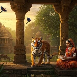 A majestic Bengal tiger prowls through ancient stone ruins of a Khajuraho-style temple, its orange fur illuminated by golden sunset rays filtering through ornate temple pillars. In the foreground, a Gond tribal woman in traditional attire with distinctive tattoos and silver jewelry creates intricate Gond art patterns. She wears a vibrant red and orange saree with traditional tribal motifs. The background seamlessly blends into a lush Bandhavgarh forest with sal trees and dense foliage. Spotted deer graze peacefully near weathered Buddhist stupas covered in moss. The scene features rich, deep colors - forest greens, earthy browns, and sunset oranges. Flying overhead are vibrant Indian roller birds with their distinctive blue plumage. The art style combines traditional Gond tribal art patterns with hyperrealistic digital rendering, featuring intricate geometric patterns and nature motifs flowing through the entire composition. Soft ethereal light bathes the scene, creating a mystical atmosphere with floating golden particles in the air. The overall composition suggests adventure, mystery, and cultural richness, with a perfect blend of wildlife, historical architecture, and tribal elements.