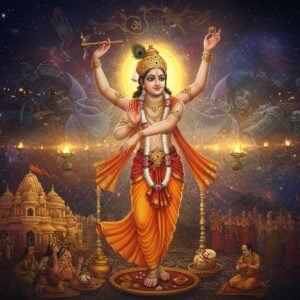 A luminous portrait of Sri Chaitanya Mahaprabhu in a flowing saffron dhoti, his arms raised in ecstatic dance, with golden aura radiating from his form against a cosmic background. His figure appears to be simultaneously merging with and distinct from a larger divine manifestation of Krishna in deep blue. The scene is divided into two interweaving halves - one showing material world elements (temples, devotees, earthly symbols) and the other showing spiritual realm (divine light, transcendental symbols, celestial lotuses). Intricate Madhubani-style patterns in gold create a border where the realms meet. Multiple translucent layers of reality showing both separation and unity, with swirling energy patterns in peacock blue and saffron. Sacred symbols like tulsi leaves and mridanga drums float ethereally in the space. The lighting creates a dramatic interplay of light and shadow, with soft golden rays emerging from the center. Art style combines traditional Indian miniature painting techniques with modern digital surrealism, featuring rich colors and intricate details. The overall composition suggests both divine unity and loving separation.