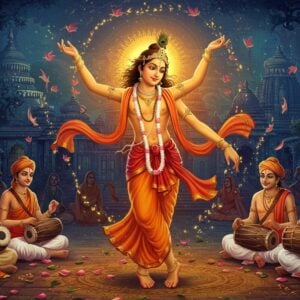 A luminous portrait of Chaitanya Mahaprabhu in his iconic saffron dhoti, dancing ecstatically with raised arms against a mystical Bengali landscape. His figure emanates a divine golden aura, surrounded by swirling patterns of floating tulsi leaves and lotus petals. He has shoulder-length wavy hair, tilak on his forehead, and his face shows expressions of divine love and bliss. Around him, devotees in traditional Bengali dress play mridanga, kartal, and other traditional instruments. The background features the historic Jagannath temple of Puri with intricate Odisha architecture, rendered in rich jewel tones of deep blue and maroon. The scene is enhanced with ethereal light effects, creating a dreamy atmosphere with soft glowing mandalas and Sanskrit verses floating as light particles. The art style combines traditional Pattachitra patterns with modern digital art techniques, using a color palette of saffron, deep gold, peaceful blues, and warm earth tones. The composition creates a sense of spiritual movement and devotional energy, with flowing fabric and musical notes visible as energy streams in the air, hyperrealistic in detail but maintains a mystical quality.