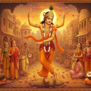 A luminous portrait of Chaitanya Mahaprabhu in his characteristic golden complexion, wearing saffron dhoti and uttariya, dancing ecstatically with raised arms, surrounded by devotees playing mridanga and karatalas. His face radiates divine love and spiritual rapture, eyes half-closed in devotional trance. The background features the ancient streets of Nabadwip with traditional Bengali architecture, while ethereal streams of golden light and floating lotus petals create a mystical atmosphere. Intricate Pattachitra-style borders frame the scene, incorporating delicate peacock motifs and Vaishnava symbols. The color palette focuses on deep saffron, celestial gold, peacock blue, and soft rose hues. Multiple translucent layers of devotees performing kirtan fade into the background, creating depth. Soft glowing halos and mandala patterns emerge from the spiritual energy of the scene. The artwork seamlessly blends traditional Indian art elements with modern digital rendering, hyperrealistic details in the main figure, and dreamy, surreal lighting effects.