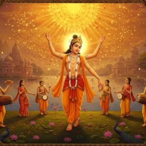 A radiant, ethereal portrait of Chaitanya Mahaprabhu in traditional saffron dhoti, his arms raised in ecstatic dance against a mystical Bengali landscape. His face glows with divine love, surrounded by a soft golden aura. Around him, devotees in traditional 16th-century Bengali attire dance in circular formation, playing khol drums and kartal cymbals. The scene features intricate Madhubani-style borders with peacock motifs and flowing vines. In the background, the ancient temples of Nabadwip reflect in the gentle waters of the Ganges, with lotus flowers floating on the surface. Golden particles of light and flower petals swirl in the air, creating a magical atmosphere. The color palette combines deep saffron, celestial blues, and warm golds. The art style merges traditional Indian miniature painting techniques with modern digital art aesthetics, featuring detailed patterns and spiritual symbolism. A large stylized sun mandala in the sky casts divine rays, while delicate Bengali architectural details frame the scene. The overall composition captures both the devotional fervor and philosophical depth of the Bhakti movement.