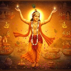 A luminous portrait of Chaitanya Mahaprabhu, depicted as a young, fair-skinned saint with flowing saffron robes, his arms raised in ecstatic dance, surrounded by swirling golden kirtan dancers. His face radiates divine love with closed eyes and serene smile. The background features intricate Madhubani-style patterns showcasing scenes from his life - the Jagannath temple at Puri, boats on the Ganges, and devotees singing and dancing. Floating lotus petals and divine light particles fill the air. The color palette combines deep oranges, celestial blues, and warm golds. The scene transitions from traditional Pattachitra art style at the edges to modern digital art in the center, creating a ethereal atmosphere. Glowing mandalas and Bengali scriptural motifs frame the composition. The lighting emphasizes the spiritual radiance emanating from Mahaprabhu's form, with soft highlights on his golden complexion. Photorealistic details in the main figure blend with stylized traditional art elements in the background. The overall mood is one of devotional ecstasy and cultural richness.