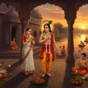 A young, radiant Chaitanya Mahaprabhu in his pre-sannyasa form, wearing a pristine white dhoti and golden upper cloth, standing in the courtyard of his ancestral home in Mayapur. His fair complexion glows with a subtle golden aura, and his long, flowing black hair cascades past his shoulders. His mother Sachi Devi, dressed in a traditional Bengali white saree with red border, stands nearby, offering prayers. The scene is set during sunset, with warm golden light filtering through ornate Bengali architecture featuring intricate terracotta work and traditional pillars. In the background, the sacred Ganges flows serenely, decorated with floating lotus flowers and diyas. The environment features detailed Madhubani-style patterns in the architecture, with peacock motifs and traditional Bengali alpana designs on the courtyard floor. Young scholars with sacred threads are shown studying palm-leaf manuscripts under a banyan tree, representing his early life as a scholar. The entire scene is rendered in a fusion of traditional Indian miniature painting style with modern digital art techniques, using rich colors like deep blues, saffron, and gold, with ethereal lighting effects and subtle mandala patterns in the sky.