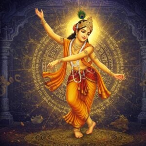 A luminous portrait of Sri Chaitanya Mahaprabhu in his characteristic golden complexion, dancing ecstatically with raised arms in his signature pose of divine kirtan, wearing flowing saffron dhoti and chadar. His face radiates divine bliss with eyes rolled upward in spiritual ecstasy. Around him, intricate mandalas merge and separate in a mystical dance, symbolizing the philosophy of simultaneous oneness and difference. The background features a ethereal blend of deep indigo and gold, with swirling patterns of Sanskrit verses transforming into streams of light. Radiant peacock feathers float in spiral patterns, while delicate lotus flowers emerge from geometric Madhubani-style designs. The scene is set in a surreal version of the Jagannath temple architecture with ornate pillars dissolving into pure light. Small vignettes in Pattachitra style float in the corners showing Krishna playing flute on one side and Radha on the other, connected by threads of golden light. The overall composition creates a harmonious blend of traditional Indian artistic elements with contemporary digital art techniques, emphasizing both the devotional and philosophical aspects of Gaudiya Vaishnavism.