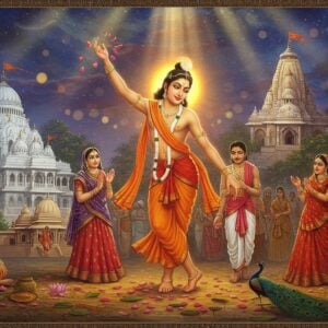 A luminous, ethereal portrayal of Chaitanya Mahaprabhu in his signature saffron dhoti and sacred thread, dancing ecstatically with raised arms, surrounded by devotees in traditional Bengali attire. His face radiates divine bliss with golden aura. The background showcases a detailed architectural collage of sacred sites - the magnificent white domed Jagannath Temple of Puri, the ancient temples of Vrindavan with their intricate spires, and the serene Ganges at Mayapur. Floating lotus petals and vibrant peacock feathers frame the scene. The sky features mystical swirling patterns in deep indigo and gold, with soft glowing orbs of light. Delicate Madhubani-style border patterns adorn the edges. The lighting is dramatic with divine rays streaming down, creating a supernatural atmosphere. The art style merges photorealistic elements with traditional Indian artistic motifs, rendered in rich colors - deep maroons, royal blues, saffron, and burnished gold. The overall composition creates a sense of spiritual ecstasy and divine movement.