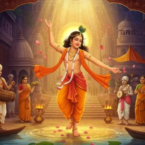 A radiant, youthful Chaitanya Mahaprabhu in saffron dhoti dancing ecstatically in the streets of Nabadwip, his arms raised in divine celebration, surrounded by swirling golden auras and floating lotus petals. His face shows transcendental bliss with tears of joy, and his long hair flows with movement. Around him, devotees in traditional Bengali dress play mridanga drums and kartal cymbals, creating a dynamic scene of spiritual fervor. The background features an intricately detailed Madhubani-style temple architecture with peacock blue and deep maroon accents. Ethereal light streams down from above, creating a mystical atmosphere. The scene incorporates delicate mandala patterns in gold that seem to pulse with divine energy. In the foreground, the holy Ganges river flows serenely, reflecting the golden light. The art style merges traditional Indian Pattachitra techniques with modern digital art aesthetics, emphasizing movement and divine emotion. The color palette focuses on saffron, gold, deep blues, and soft pastels that create a harmonious spiritual atmosphere.