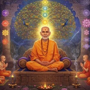 A serene portrait of Chakradhar Swami seated in padmasana on a carved stone platform, wearing traditional saffron dhoti with gold trim. His form radiates a divine golden aura, surrounded by concentric circles of spinning chakras in vibrant colors (violet, indigo, blue, green, yellow, orange, and red). Behind him, a large intricately detailed Madhubani-style tree of life with peacocks and lotus motifs. The background features a blend of ancient temple architecture and cosmic elements, with floating mandalas and sacred geometry patterns. Soft, ethereal light filters through, creating a mystical atmosphere. The Swami's expression is peaceful and enlightened, with his eyes closed in deep meditation. Several devotees in traditional Indian attire are shown as smaller figures around him, depicting acts of devotion and learning. The scene incorporates floating lotus flowers, subtle smoke trails of incense, and delicate golden threads connecting the chakras. The color palette focuses on deep maroons, celestial blues, and rich golds, with hints of ethereal pastels. The art style combines hyperrealistic digital rendering with traditional Indian art elements, creating a contemporary spiritual aesthetic.