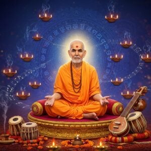 A serene Indian spiritual scene depicting Chakradhar Swami in traditional saffron dhoti and angavastram, seated in padmasana on an ornate golden lotus platform, radiating divine light. His eyes are closed in deep meditation, with a peaceful expression. Around him, ethereal musical notes in gold and silver swirl like tendrils of light. The background features a large, intricate mandala in deep blues and purples, with concentric circles containing Sanskrit symbols. Multiple floating diyas with soft golden flames illuminate the scene. In the foreground, traditional Indian musical instruments - veena, tabla, and tambura - are arranged artistically, decorated with marigold garlands. The entire composition is enveloped in a mystical atmosphere with soft glowing orbs of light and floating lotus petals. The art style combines traditional Madhubani patterns in the borders with modern digital aesthetics, using a color palette of deep maroon, saffron, peacock blue, and gold. Subtle smoky incense trails add depth and spirituality to the scene.