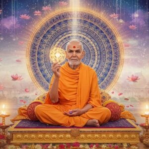 A serene portrait of Chakradhar Swami seated in padmasana on a golden lotus platform, wearing saffron-colored dhoti and angavastram with intricate Madhubani-style border patterns. His right hand holds a spinning golden chakra emanating divine light, while his left hand rests in chin mudra. Behind him, a massive mandala in peacock blue and gold rotates slowly, creating concentric circles of spiritual energy. His face radiates divine calm with half-closed eyes and a gentle smile. The background features ethereal floating lotuses in soft pastel pinks and whites, with streams of light particles creating a cosmic atmosphere. Traditional Indian architectural elements like temple spires blend seamlessly with modern geometric patterns in the far background. The overall scene is illuminated by a warm, divine glow, with subtle lens flares and floating flower petals. The art style combines hyperrealistic digital rendering with traditional Indian Pattachitra patterns, creating a contemporary spiritual aesthetic.