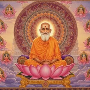 A serene portrait of Chakradhar Swami in traditional saffron dhoti and angavastram, seated in padmasana on an ornate golden lotus platform, radiating divine light. His face exhibits peaceful expression with tilak on forehead, flowing white beard, and gentle smile. Behind him, a large intricate mandala in Madhubani style glows with concentric circles in deep maroon, saffron, and peacock blue. Multiple floating lotus flowers in pastel pink surround him, each containing miniature scenes from his life teachings. The background features a mystical blend of traditional Indian temple architecture with ethereal clouds in soft gold and purple hues. Delicate patterns of om symbols and vedic motifs float in the air, rendered in luminescent gold. The lighting is warm and divine, creating a halo effect around the saint. The overall composition combines photorealistic details with spiritual surrealism, incorporating both Pattachitra and modern digital art elements. The scene is set during sunrise, with rays of light creating a mystical atmosphere.