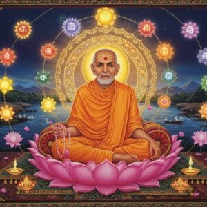 A serene portrait of Chakradhar Swami in traditional saffron dhoti and angavastram, seated in padmasana on a lotus platform, surrounded by a mesmerizing golden chakra mandala. His face radiates divine peace with closed eyes and subtle smile. His right hand holds a crystal mala while his left hand rests in chin mudra. Behind him, a sweeping ethereal landscape features the Narmada River flowing with sparkiling waters. Multiple smaller chakras in various colors (violet, indigo, blue, green, yellow, orange, and red) float in spiral formation around him. The scene is illuminated by soft, otherworldly light creating a dreamlike atmosphere. Intricate Madhubani-style patterns adorn the borders with peacock motifs and geometric designs. A subtle aura of golden light emanates from his form, with delicate lotus petals floating in the air. The color palette combines deep maroons, saffron, and peacock blue with modern metallic gold accents. The art style merges traditional Indian miniature painting techniques with contemporary digital art aesthetics, maintaining photorealistic features with spiritual overtones.