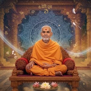 A serene portrait of Chakradhar Swami in traditional saffron dhoti and angavastram, seated in padmasana on a carved wooden platform, radiating divine golden aura. His face shows deep wisdom and compassion, with gentle smile and half-closed eyes in meditation. Behind him, a large intricate mandala in Madhubani style glows with shades of deep blue and gold. Floating spiritual symbols in Sanskrit curve around him like wisps of light. The background features a mystical Indian temple architecture with ornate pillars merging into surreal cosmic space. Lotus flowers in pastel pink and white float in the foreground, some transforming into glowing orbs of light. The scene is illuminated by soft, ethereal light creating a dreamlike atmosphere. Multiple transparent layers of geometric patterns inspired by traditional Indian art float in the space. The overall color palette consists of deep saffron, metallic gold, peacock blue, and soft pastels. Photorealistic digital art style with surreal elements, emphasizing both traditional spiritual elements and modern aesthetic sensibilities.