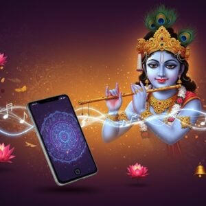 A serene digital illustration of Lord Krishna in his cosmic form, emanating divine blue-gold light waves that transform into musical notes and sacred symbols. His form is adorned with intricate traditional Indian patterns and motifs, wearing a peacock feather crown and golden flute. A modern smartphone floats in the foreground, its screen displaying a mandala pattern that pulses with ethereal light in sync with the musical notes. The background features a gradient of deep purple to saffron, with delicate Madhubani-style patterns. Floating lotus flowers and bells surround the scene, each emitting a soft golden glow. The overall composition creates a harmonious blend of ancient spirituality and modern technology, rendered in a style that combines traditional Indian art with contemporary digital aesthetics. The lighting should be dramatic with emphasis on divine glow and spiritual ambiance, creating a 3D effect with depth and dimension.