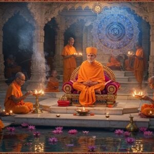 A serene evening scene depicting Chakradhar Swami seated in padmasana on an ornate marble platform, radiating divine golden light. He wears traditional saffron robes with intricate Madhubani-style patterns. A large, ethereal chakra mandala floats behind him, spinning slowly with cosmic energy in deep blues and golden hues. Devotees perform aarti with gleaming brass thalis containing traditional diyas with floating wicks. Smoke from incense creates mystical swirls in the air, illuminated by the warm glow of the flames. The background features a ancient temple architecture with detailed carved pillars in Maratha style. Lotus flowers float in crystal-clear water pools around the platform. The scene combines photorealistic textures with surreal lighting, emphasizing spiritual energy through glowing auras and light rays. The color palette includes deep maroons, saffron, peacock blue, and burnished gold, with subtle Pattachitra-style decorative elements in the borders of the scene.