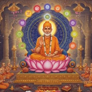 A mystical scene depicting Chakradhar Swami in a divine form, seated in padmasana on a golden lotus platform, wearing traditional saffron-colored dhoti and angavastram. His face radiates divine light with a serene expression, surrounded by a large, intricate mandala halo in deep blue and gold. His right hand is raised in abhaya mudra while his left hand holds a sacred text. Around him, six concentric circles of energy in vibrant colors (representing the six chakras) emanate outward. The background features a ethereal temple architecture with ornate Hemadpanthi-style pillars and arches. Floating celestial flowers and sacred symbols of Mahanubhav Panth hover in the air. The scene is illuminated by soft, golden light from above, creating dramatic shadows and highlights. The art style combines traditional Indian Pattachitra techniques with modern digital art aesthetics, featuring rich colors like deep maroon, saffron, and peacock blue. Small groups of devotees in traditional Maharashtrian attire are shown in reverence at the bottom corners of the composition, creating a sense of scale and devotion. Delicate patterns inspired by Madhubani art fill the negative spaces.