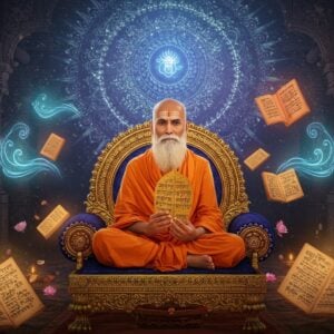 An ancient Indian sage with serene expression, dressed in saffron robes, seated in padmasana on an ornate golden throne adorned with intricate Madhubani-style patterns. He holds a traditional palm leaf manuscript with detailed Sanskrit writings. The background features a large, glowing chakra mandala in deep blue and gold, with swirling energy patterns. Floating around him are ethereal visualizations of spiritual concepts - flowing rivers of wisdom in luminescent blue, blooming lotus flowers in soft pink and white, and geometric sacred patterns. The lighting is mystical with soft golden rays streaming through the scene. Traditional Indian architectural elements frame the composition with detailed carved pillars featuring Pattachitra-style motifs. The color palette combines deep maroons, royal blues, and warm golds with subtle pastel highlights. The overall scene has a surreal, dreamlike quality while maintaining traditional Indian artistic elements. Multiple smaller manuscripts float and glow around the sage, their pages gently fluttering. Hyperrealistic digital art style with photorealistic textures.