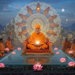 A serene Indian spiritual leader in saffron robes seated in padmasana on a modern glass platform, radiating golden light, surrounded by a diverse group of Indian devotees from different social backgrounds - including elderly, youth, differently-abled, and people from various economic classes. The scene features a large, intricate mandala floating behind him, composed of interconnected hands of different skin tones forming a perfect circle. The background shows a futuristic cityscape with traditional Indian architectural elements merged with modern buildings. Soft, ethereal light in shades of pale blue and warm gold filters through the scene. Lotus flowers in various stages of bloom float around the platform, each emitting a subtle glow. The art style combines traditional Madhubani patterns in the mandala with sleek, modern digital aesthetics. The teacher's expression is peaceful and welcoming, with eyes showing deep compassion. The scene is set in a mystical twilight with modern holographic elements subtly dancing in the air, creating a bridge between ancient wisdom and future technology.