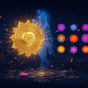 A majestic golden chakra (disc) floating in mid-air, emanating divine rays of light in saffron and blue hues, positioned centrally against a deep midnight blue background. The chakra is intricately detailed with traditional Madhubani-style patterns and Sanskrit symbols etched on its surface. A translucent, ethereal form of Lord Krishna in peacock blue, holding the Sudarshan Chakra, appears as a subtle overlay behind the main chakra. Surrounding the central chakra are seven smaller, orbiting chakras in gradient colors from violet to red, representing the seven energy centers. The scene is adorned with floating lotus petals and delicate golden threads forming geometric Yantra patterns. Soft, glowing orbs of light scatter throughout the composition. The artwork combines hyperrealistic metallic textures with traditional Indian art elements, featuring a surreal, spiritual atmosphere. The background shows subtle traces of ancient temple architecture in golden line art. The overall composition has a three-dimensional depth with dynamic energy swirls and magical particle effects in gold and white.