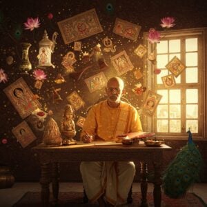 A detailed portrait of a contemplative Indian artist in traditional attire (kurta and dhoti) seated at an ornate wooden desk, illuminated by warm golden light streaming through a vintage window. Around him, his artistic works float ethereally in a spiral pattern - intricate Madhubani-style paintings, detailed sculptures, and cultural artifacts blend seamlessly into a mystical arrangement. The background features a wall adorned with elaborate Indian patterns and motifs in deep maroon and peacock blue. Floating lotus flowers and peacock feathers frame the scene, while subtle mandalas pulse with a soft spiritual glow in rich saffron hues. The overall composition transitions from realistic portraiture in the center to increasingly stylized and abstract elements toward the edges, combining traditional Indian art techniques with modern digital surrealism. Multiple translucent layers of artwork overlap creating depth and dimension, with scattered golden light particles adding a magical atmosphere. The lighting should be dramatic yet warm, emphasizing the spiritual and artistic elements. 8k resolution, hyper-detailed, cinematic lighting, photorealistic rendering with artistic elements