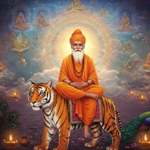 A mystical scene depicting Saint Changdev Maharaj in traditional saffron robes seated in padmasana on a tiger, radiating golden divine light, surrounded by intricate Madhubani-style patterns. He appears serene with a long white beard, tilak on forehead, and prayer beads. Behind him, a large ethereal mandala glows in soft blues and golds. The background shows stylized scenes from his miracles - a floating wall merging into clouds, yoga practitioners in spiritual poses, and sacred scriptures with swirling energy. The foreground features detailed peacock feathers, lotus flowers, and traditional Indian motifs in deep maroon and peacock blue. The scene is illuminated by floating diyas and sparkles of spiritual energy. The art style combines photorealistic elements with traditional Indian art patterns, rendered in a modern digital aesthetic with dramatic lighting and atmospheric effects. The overall composition creates a surreal, spiritual atmosphere with a harmonious blend of traditional symbolism and contemporary visual appeal.