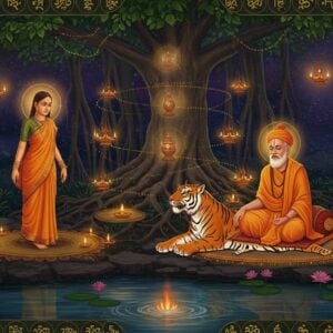 A mystical scene depicting two enlightened souls - Muktabai, a young Indian woman in a simple saffron silk saree with a radiant aura, standing serenely near a sacred banyan tree, and Changdev Maharaj, sitting cross-legged on a tiger skin in deep meditation, wearing ochre robes. A ethereal golden light surrounds them, with intricate Madhubani-style mandalas floating in the background. The scene shows Changdev's famous tiger mount resting peacefully nearby. Swirling patterns of sacred Sanskrit symbols and lotus flowers create a border around them. The color palette features deep maroons, celestial blues, and touches of gold. Multiple levels of floating lotus platforms create depth, with soft glowing orbs of spiritual energy connecting both saints. The banyan tree's aerial roots form natural geometric patterns, decorated with small oil lamps. A peaceful water body reflects the scene below, creating perfect symmetry. The art style merges traditional Indian miniature painting techniques with modern digital art aesthetics, emphasizing the divine connection between the two spiritual masters.