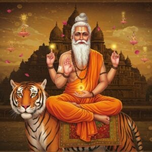 A serene elderly Indian sage with flowing white beard, wearing saffron dhoti and angavastram, seated in padmasana on a majestic tiger against a mystical Maharashtrian landscape. His hands are positioned in chinmudra, emanating golden spiritual energy. The background features the ancient Alandi temple with intricate Maratha architecture, rendered in deep ochre and burnt sienna. Floating mandalas and sacred geometric patterns in gold and deep blue surround him. A soft ethereal glow bathes the scene, with floating lotus petals and subtle light orbs. The art style merges traditional Paithan painting techniques with modern digital art, featuring rich jewel tones of saffron, deep maroon, and peacock blue. The sage's face radiates divine wisdom with half-closed eyes in meditation. Small vignettes in mandala frames show scenes of his yogic powers - levitating, walking on water, and transferring his consciousness. The overall composition creates a harmonious blend of traditional spirituality and contemporary artistic elements.