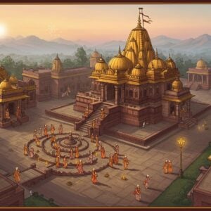 A serene aerial view of the ancient Changdev temple complex at dawn, rendered in rich Pattachitra-inspired style, showcasing intricate architectural details with golden domes and spires. The temple courtyard features stylized pilgrims in traditional Maharashtra attire walking in a spiral pattern, creating a mandala-like formation. The scene is illuminated by soft morning sunlight casting long shadows, with floating lotus petals and sacred symbols in the air. The foreground shows a detailed stone pathway lined with deepa-stambhas (lamp posts) leading to the temple, while the background reveals misty mountains in peacock blue hues. Small vignettes around the main temple show meditation spots and sacred spaces, decorated with traditional Marathi architectural elements. The color palette combines deep maroons, saffron, and gold with ethereal morning pastels. The overall composition maintains a perfect balance between realistic architectural accuracy and mystical Indian art elements, with subtle glowing auras and sacred geometry patterns enhancing the spiritual atmosphere.