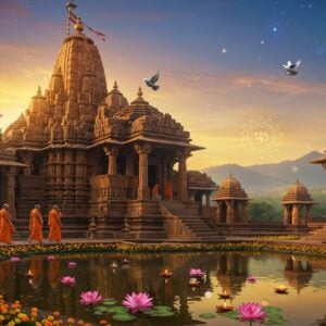 A majestic ancient stone temple complex in Muktainagar style architecture, illuminated by golden morning sunlight, with intricate Madhubani-style carved details on pillars. The main temple features a soaring shikhara adorned with delicate geometric patterns and spiritual motifs. In the foreground, a serene lotus pond reflects the temple's image, with floating diyas creating peaceful ripples. Modern Indian pilgrims in contemporary clothing walking on ornate stone pathways lined with blooming yellow marigolds and pink lotus flowers. The background showcases rolling hills of Maharashtra with a mystical blue-purple gradient sky. Floating mandalas and sacred geometric patterns appear as subtle ethereal overlays. The scene is enhanced with soft glowing orbs of light and peaceful doves flying near the temple spire. Architectural details include detailed stone carvings of saints and spiritual symbols, weathered by time but preserved in their glory. The overall composition combines photorealistic architecture with magical surreal elements, rendered in rich colors of saffron, deep maroon, and peacock blue, with modern lighting effects creating a timeless atmosphere.