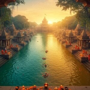 A mystical aerial view of three sacred rivers converging at Changdev Triveni Sangam, their waters distinctly colored - one crystalline blue, one emerald green, and one golden, creating a divine swirling pattern at their meeting point. The scene is captured during sunrise with soft golden rays illuminating the confluence. Ancient stone ghats with intricate Maratha-style carvings line the banks, where small groups of devotees in traditional Maharashtra attire perform rituals. Floating diyas and marigold flowers dot the water surface, creating points of warm light. In the foreground, a large ornate stone archway frames the view, decorated with traditional Maharashtrian architectural motifs and weathered by time. Mist hovers over the water surface, creating an ethereal atmosphere. The sky features subtle mandala patterns in pastel hues. The art style combines hyperrealistic water dynamics with traditional Indian artistic elements, rendered in rich, deep colors of saffron, deep blue, and gold, with digital art finishing. Ancient banyan trees with aerial roots frame the sides, their leaves catching the morning light. The entire scene exudes a sense of timeless spirituality and natural harmony.