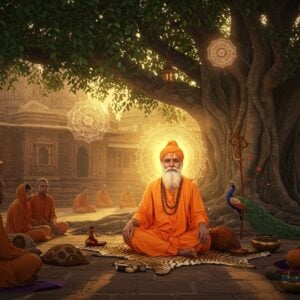 A serene evening scene depicting Saint Changdev Maharaj in traditional saffron robes, seated in padmasana on a tiger skin under a sacred banyan tree in Jalgaon. His form emanates a soft golden aura, with intricate Madhubani-style patterns flowing through the light. The saint has a peaceful expression, long white beard, and is surrounded by his disciples in earth-toned clothing. The background features the historical architecture of Jalgaon with detailed Pattachitra-style artwork on temple walls. Floating mandalas and sacred geometric patterns in deep maroon and peacock blue hover in the air. The scene includes symbolic elements of his teachings - a peacock, sacred texts, and yogic implements. The lighting is ethereal with warm golden rays filtering through the banyan leaves, creating dramatic shadows. The overall composition combines photorealistic details with mystical Indian art elements, rendered in a modern digital art style with rich textures and atmospheric depth.