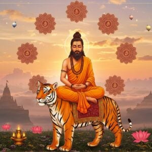 A serene Indian spiritual scene depicting the legendary sage Changdev seated in padmasana on a majestic tiger against a mystical Maharashtrian landscape. The sage wears saffron robes with intricate Madhubani-style patterns, his eyes closed in meditation, radiating a golden aura. Six concentric mandalas float around him, each detailed with Sanskrit-inspired geometric patterns in deep maroon and peacock blue. The background shows the Bhimashankar temple silhouette at dawn, with soft pink and orange clouds. Floating lotuses and spiritual symbols surround the scene, with delicate light rays filtering through. The tiger's fur is intricately detailed with Pattachitra-style patterns in gold. The overall composition blends traditional Indian art with modern digital aesthetics, creating a surreal, ethereal atmosphere with glowing elements and a balanced color palette of deep saffron, gold, and soft pastels.