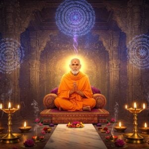 A serene Indian sage in saffron robes seated in padmasana on an ornate marble platform, radiating golden divine light, surrounded by intricate Madhubani-style mandalas floating in the air. The background features a mystical temple architecture with carved pillars and domes merging into a cosmic space filled with swirling Sanskrit verses transformed into ethereal light particles. A large, detailed lotus mandala hovers above the sage, emanating soft blue and purple energy waves. In the foreground, brass oil lamps with glowing flames create a path leading to the sage. The scene is enhanced with floating flower petals, wisps of sacred incense smoke, and subtle symbols of Lord Vishnu including the conch and chakra rendered in glowing gold lines. The art style combines traditional Indian miniature painting techniques with modern digital aesthetics, using a color palette of deep maroon, saffron, peacock blue, and burnished gold. The entire composition is bathed in a warm, divine light creating an atmosphere of spiritual transcendence.