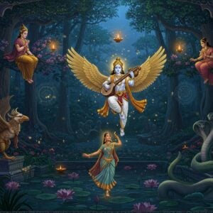 A mystical forest clearing at twilight, where a majestic white Gandharva musician with golden wings plays a divine veena, floating mid-air amidst glowing orbs of light. Below him, a graceful Apsara in a shimmering pale blue and gold silk saree dances elegantly. To the left, a magnificent Garuda with golden-brown feathers and human torso stands guard, its wings spread majestically. On the right, a wise Naga with a human upper body and serpentine lower half, adorned with precious gems, emerges from a sacred pond filled with lotus flowers. In the background, a celestial Kinnara couple (half-human, half-bird) perch on flowering tree branches, singing melodiously. The scene is illuminated by ethereal moonlight filtering through ancient banyan trees, with floating diyas creating a magical atmosphere. The art style combines traditional Madhubani patterns in the foliage with modern digital fantasy aesthetics, using a color palette of deep indigo, gold, emerald green, and soft moonlit silver. Intricate mandala patterns float in the air like cosmic dust, and the entire scene is framed by ornate Indian architectural elements.